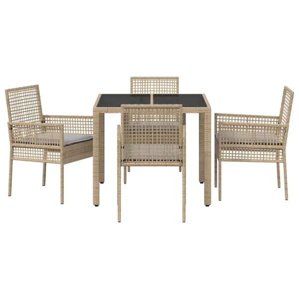 5-teiliges Garten-Esszimmer-Set mit Kissen Beige Poly Rattan