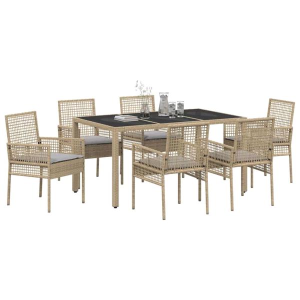 7-teiliges Garten-Dining-Set mit Kissen Beige Poly Rattan