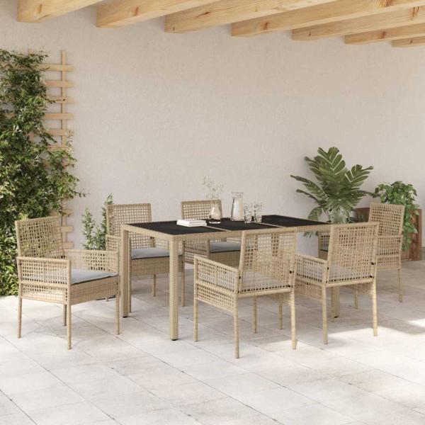 7-teiliges Garten-Dining-Set mit Kissen Beige Poly Rattan
