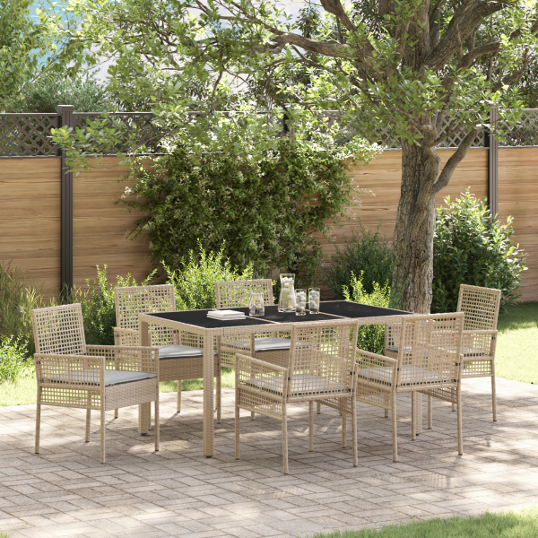 7-teiliges Garten-Dining-Set mit Kissen Beige Poly Rattan