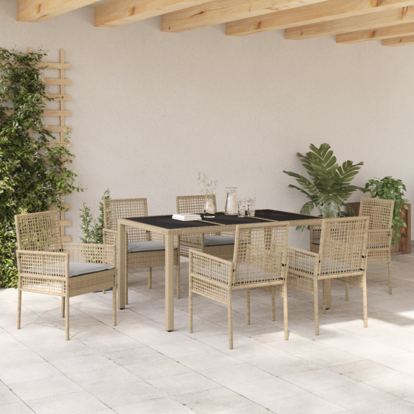 7-teiliges Garten-Dining-Set mit Kissen Beige Poly Rattan