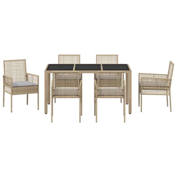 7-teiliges Garten-Dining-Set mit Kissen Beige Poly Rattan