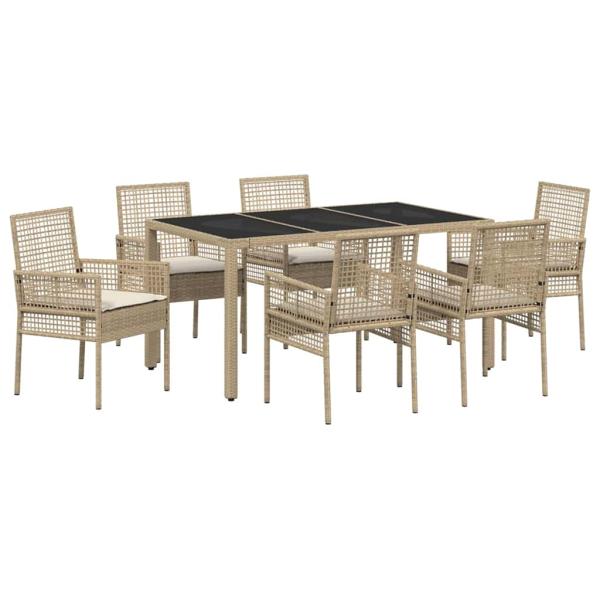7-teiliges Garten-Esszimmer-Set mit Kissen Beige Poly Rattan