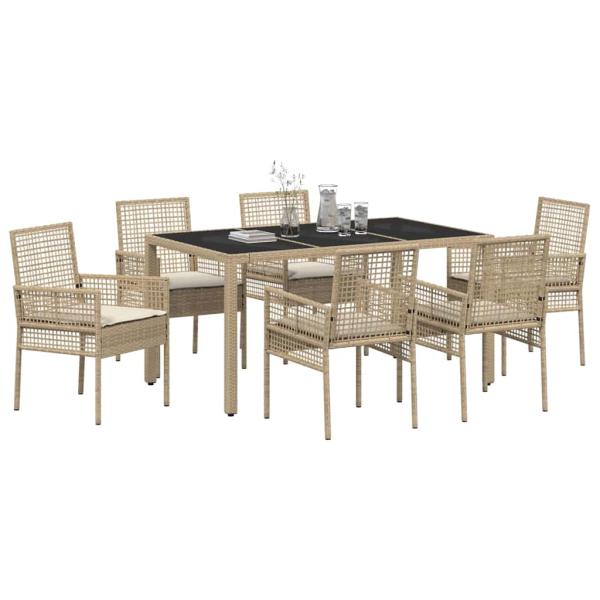 7-teiliges Garten-Esszimmer-Set mit Kissen Beige Poly Rattan