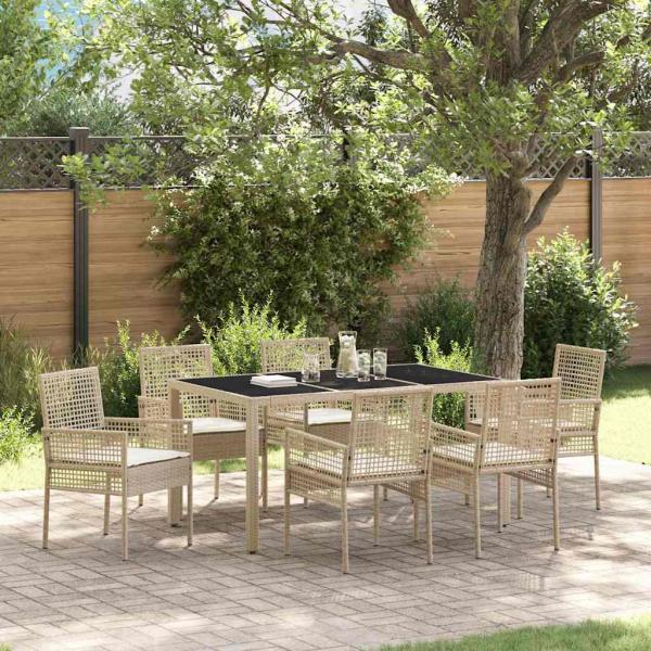 7-teiliges Garten-Esszimmer-Set mit Kissen Beige Poly Rattan