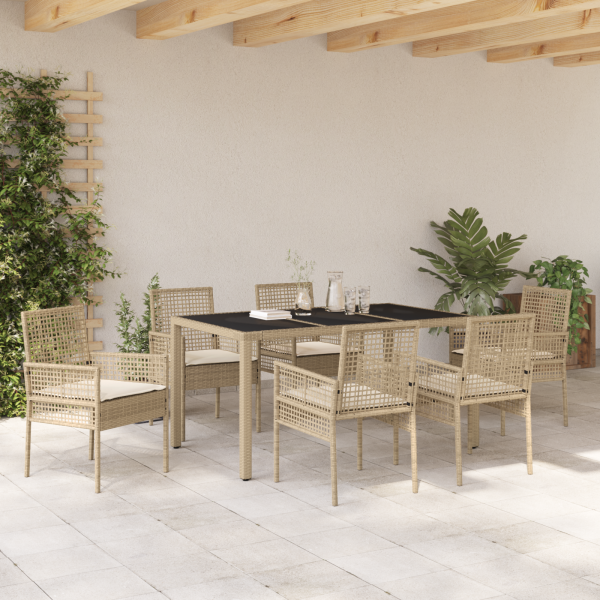 7-teiliges Garten-Esszimmer-Set mit Kissen Beige Poly Rattan