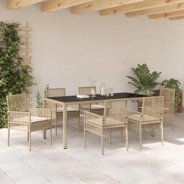 7-teiliges Garten-Esszimmer-Set mit Kissen Beige Poly-Rattan