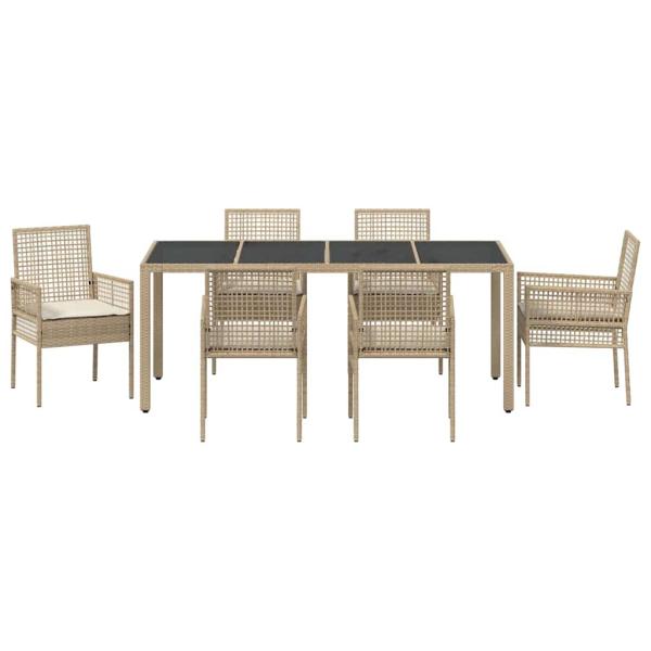 7-teiliges Garten-Esszimmer-Set mit Kissen Beige Poly-Rattan