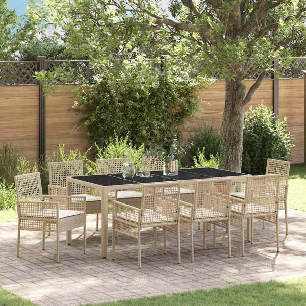 ARDEBO.de - 9-teiliges Garten-Esszimmer Set mit Kissen Beige Poly-Rattan