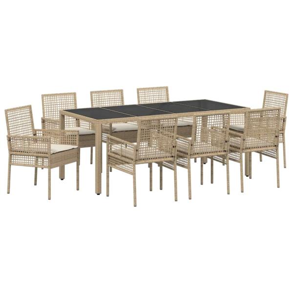 9-teiliges Garten-Esszimmer Set mit Kissen Beige Poly-Rattan
