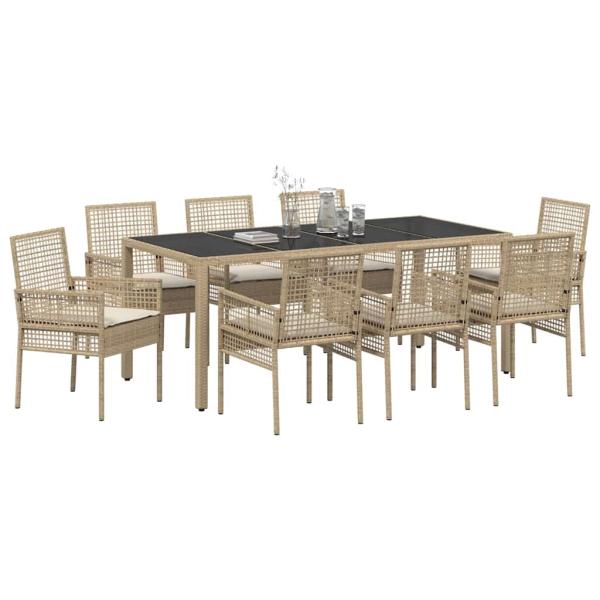 9-teiliges Garten-Esszimmer Set mit Kissen Beige Poly-Rattan