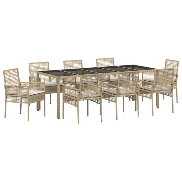 9-teiliges Garten-Esszimmer-Set mit Kissen Beige Poly-Rattan