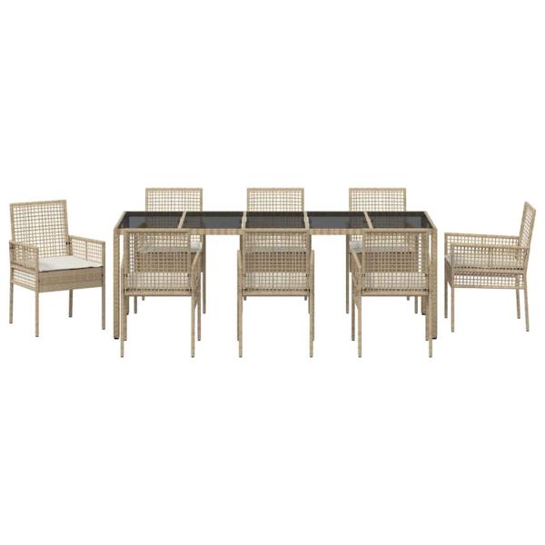 9-teiliges Garten-Esszimmer-Set mit Kissen Beige Poly-Rattan