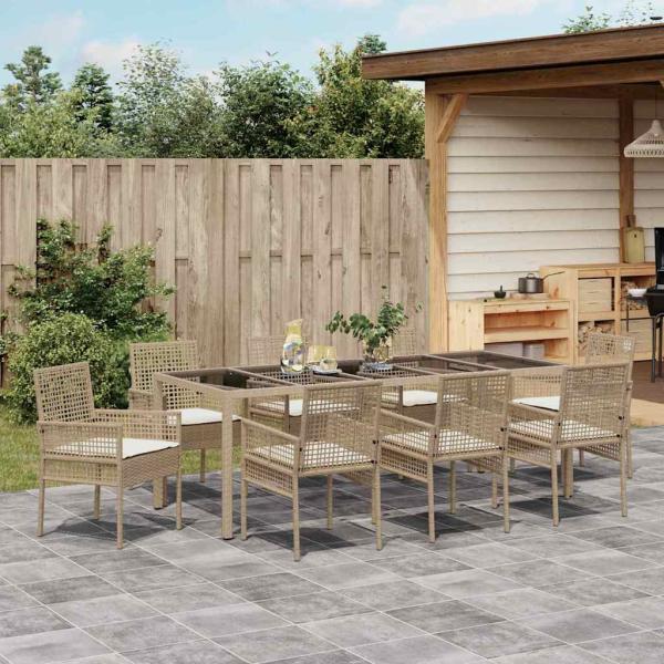 9-teiliges Garten-Esszimmer-Set mit Kissen Beige Poly-Rattan