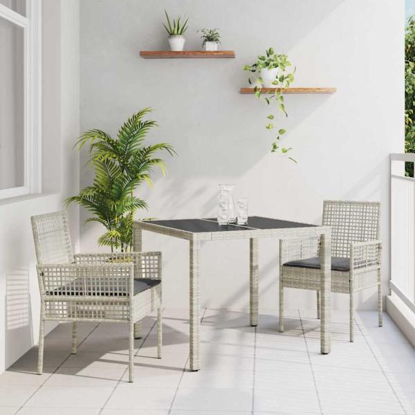 ARDEBO.de - Essgruppe für den Garten mit 3 Teilen und Kissen in Hellgrau aus Poly-Rattan