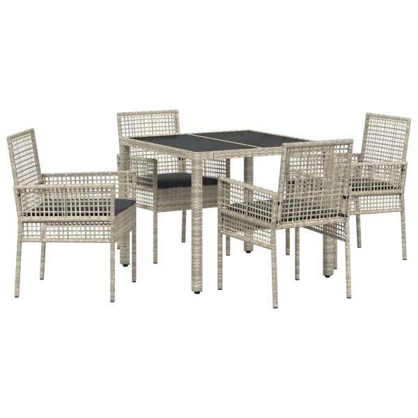 5-teiliges Garten-Esszimmer-Set mit Kissen in Hellgrau aus Poly-Rattan
