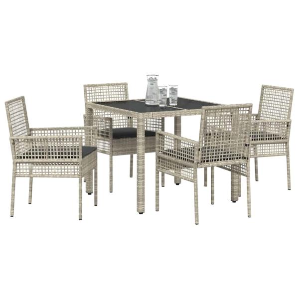 5-teiliges Garten-Esszimmer-Set mit Kissen in Hellgrau aus Poly-Rattan