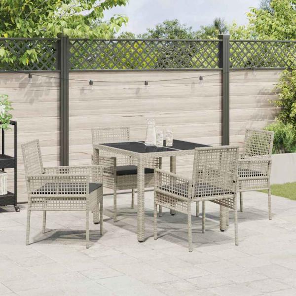 5-teiliges Garten-Esszimmer-Set mit Kissen in Hellgrau aus Poly-Rattan