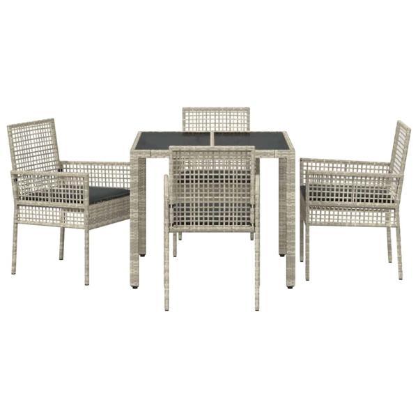 5-teiliges Garten-Esszimmer-Set mit Kissen in Hellgrau aus Poly-Rattan