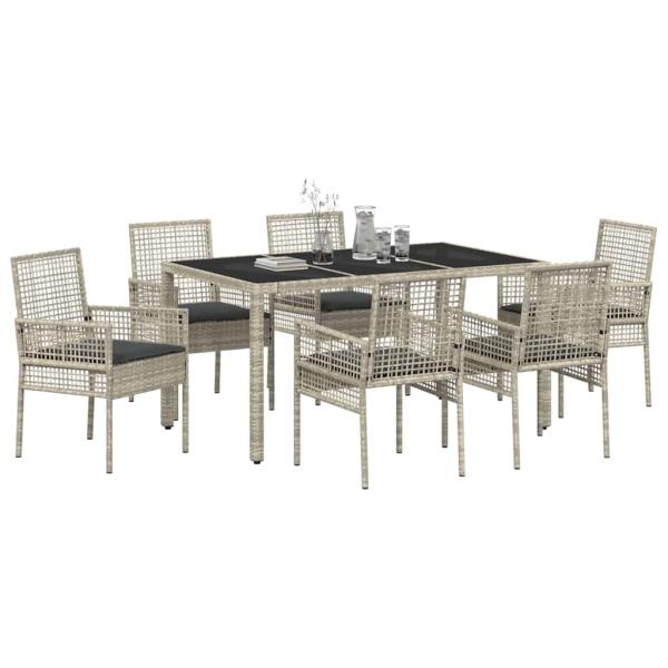 7-teiliges Garten-Esszimmer-Set mit Kissen in Hellgrau aus Poly-Rattan