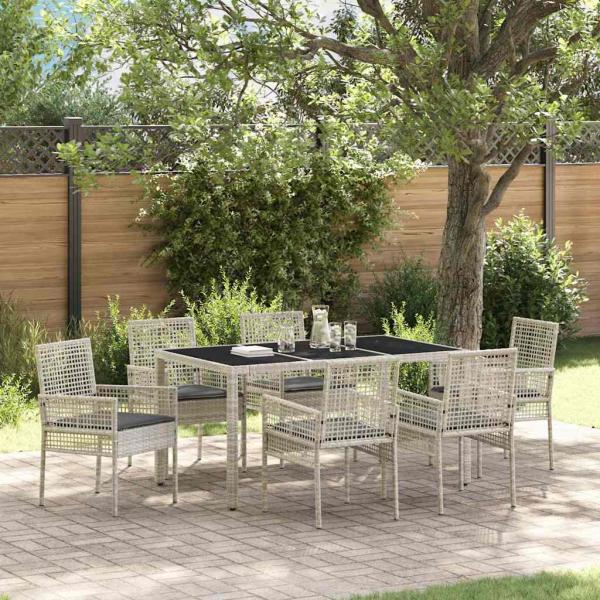 7-teiliges Garten-Esszimmer-Set mit Kissen in Hellgrau aus Poly-Rattan