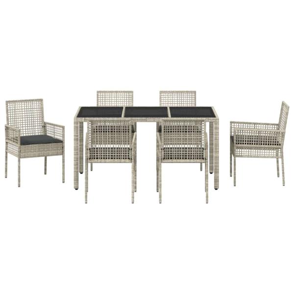 7-teiliges Garten-Esszimmer-Set mit Kissen in Hellgrau aus Poly-Rattan