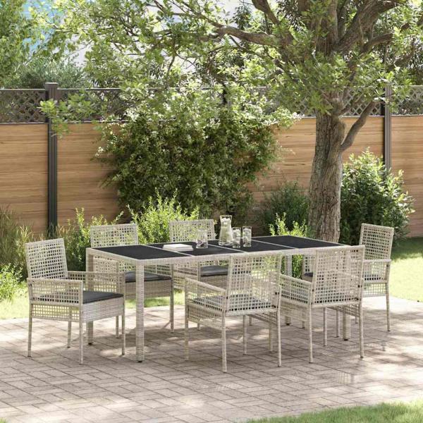 ARDEBO.de - 7-teiliges Garten-Esszimmer-Set mit Kissen in Hellgrau aus Poly-Rattan