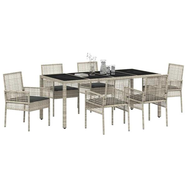 7-teiliges Garten-Esszimmer-Set mit Kissen in Hellgrau aus Poly-Rattan