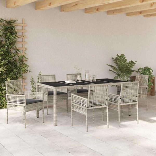 7-teiliges Garten-Esszimmer-Set mit Kissen in Hellgrau aus Poly-Rattan