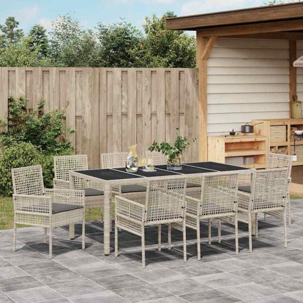 9-teiliges Gartentischset Hellgrau Poly Rattan