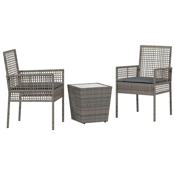 3-teiliges Garten Bistro Set mit Kissen Grau Poly Rattan