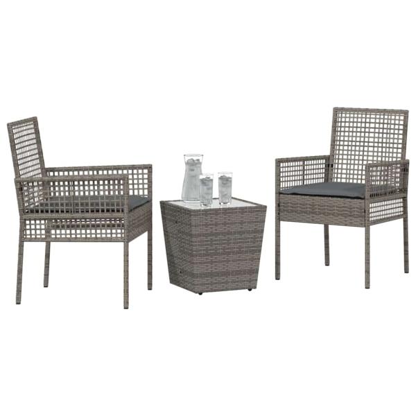 3-teiliges Garten Bistro Set mit Kissen Grau Poly Rattan