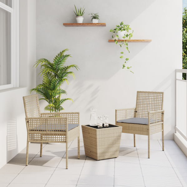 3-teiliges Garten Bistro Set mit Kissen Beige Poly Rattan