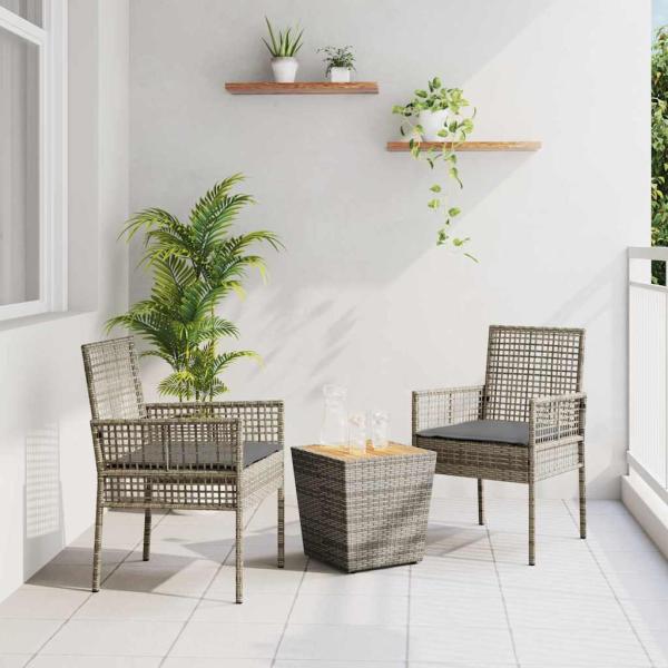 ARDEBO.de - 3-teiliges Garten Bistro Set mit Kissen Grau Poly Rattan