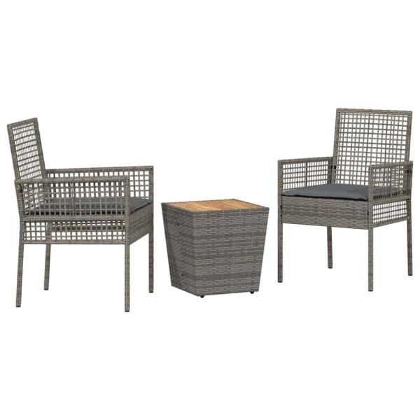 3-teiliges Garten Bistro Set mit Kissen Grau Poly Rattan