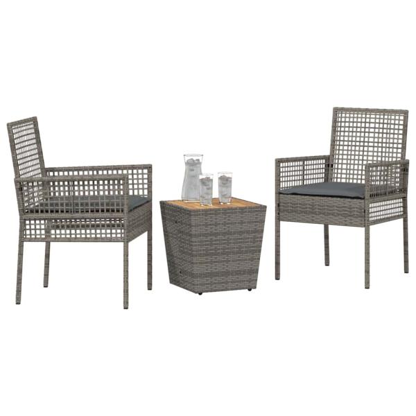 3-teiliges Garten Bistro Set mit Kissen Grau Poly Rattan