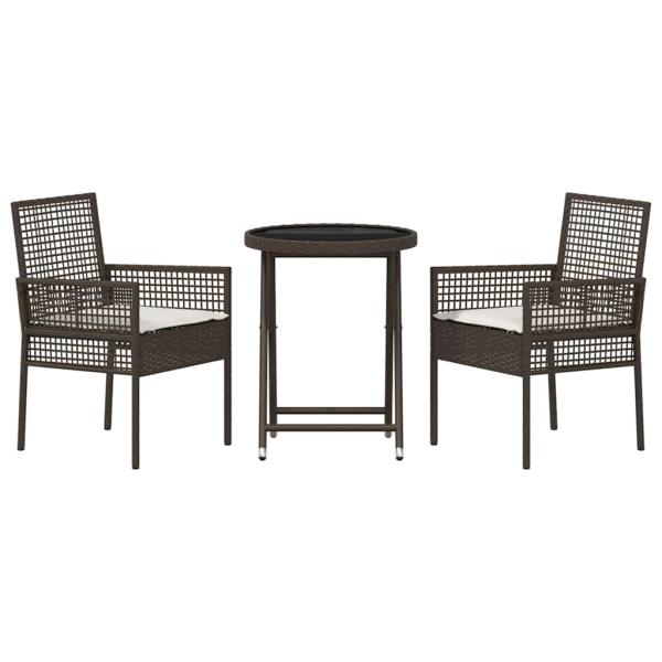 3-teiliges Bistro-Set für den Garten mit Kissen aus braunem Poly-Rattan