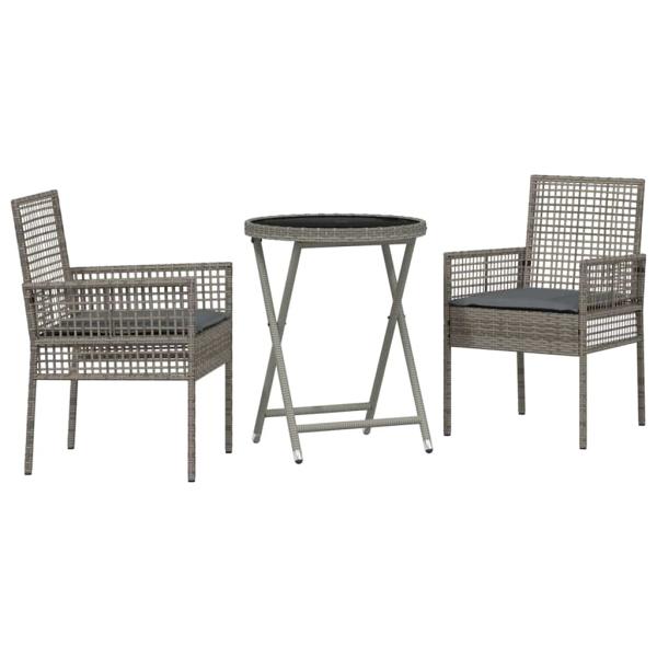 3-teiliges Garten Bistro Set mit Kissen Grau Poly Rattan