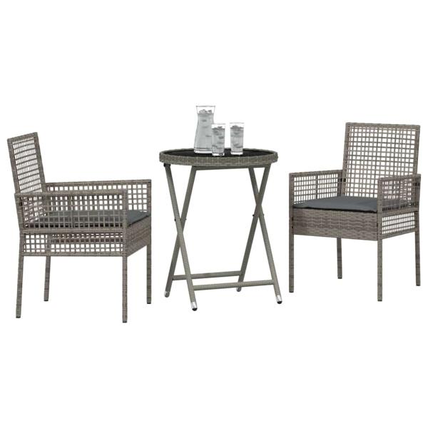 3-teiliges Garten Bistro Set mit Kissen Grau Poly Rattan