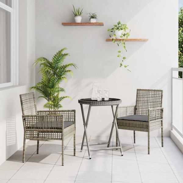 3-teiliges Garten Bistro Set mit Kissen Grau Poly Rattan
