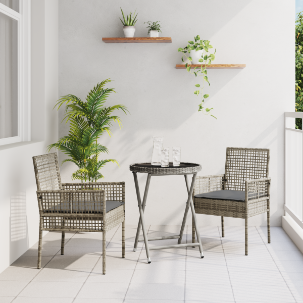 3-teiliges Garten Bistro Set mit Kissen Grau Poly Rattan