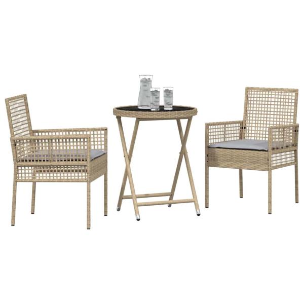3-teiliges Garten Bistro Set mit Kissen Beige Poly Rattan