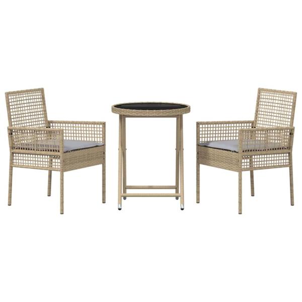 3-teiliges Garten Bistro Set mit Kissen Beige Poly Rattan
