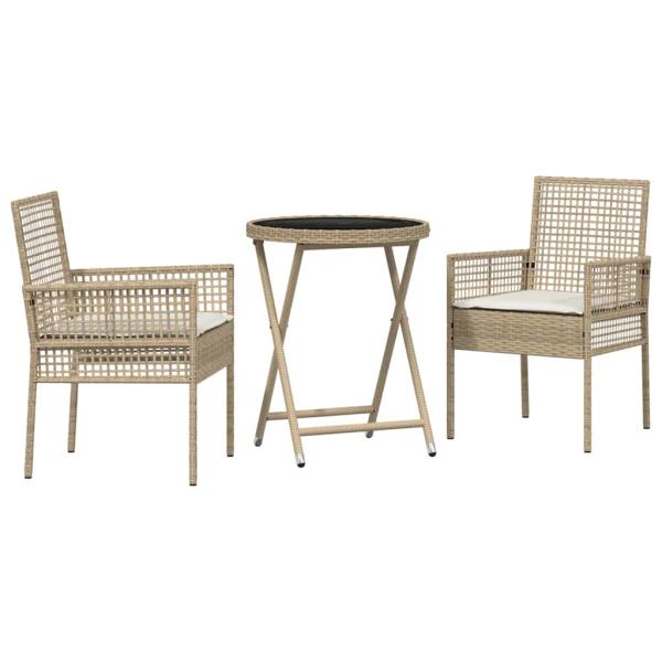 3-teiliges Garten-Bistro-Set mit Kissen Beige Poly-Rattan