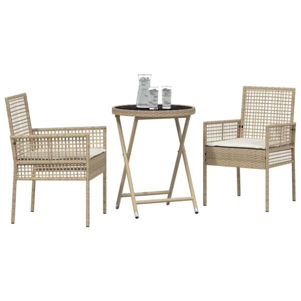 3-teiliges Garten-Bistro-Set mit Kissen Beige Poly-Rattan