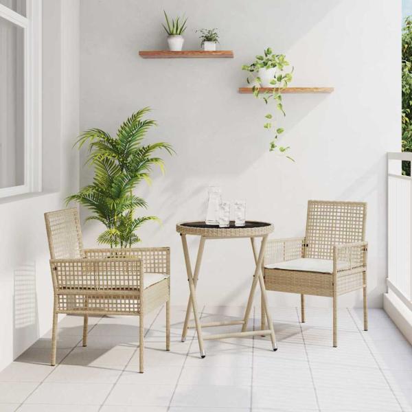 3-teiliges Garten-Bistro-Set mit Kissen Beige Poly-Rattan