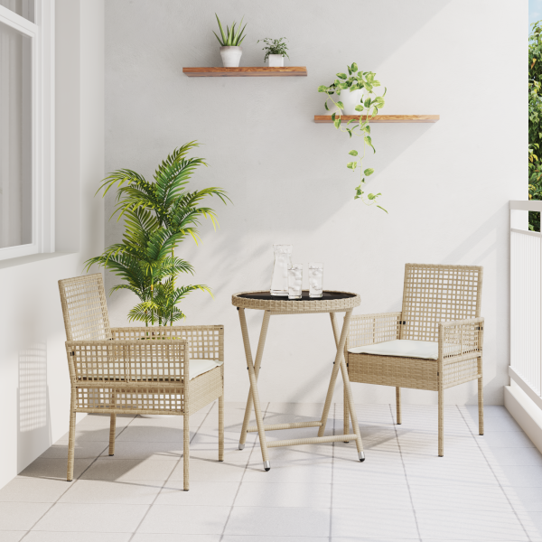 3-teiliges Garten-Bistro-Set mit Kissen Beige Poly-Rattan