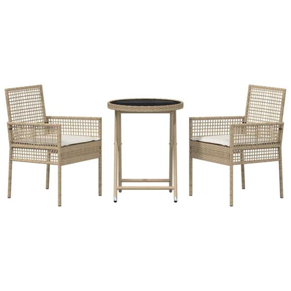 3-teiliges Garten-Bistro-Set mit Kissen Beige Poly-Rattan
