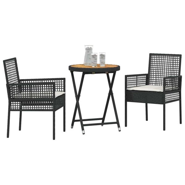 3-teiliges Garten-Bistro-Set mit Kissen Schwarz Poly-Rattan