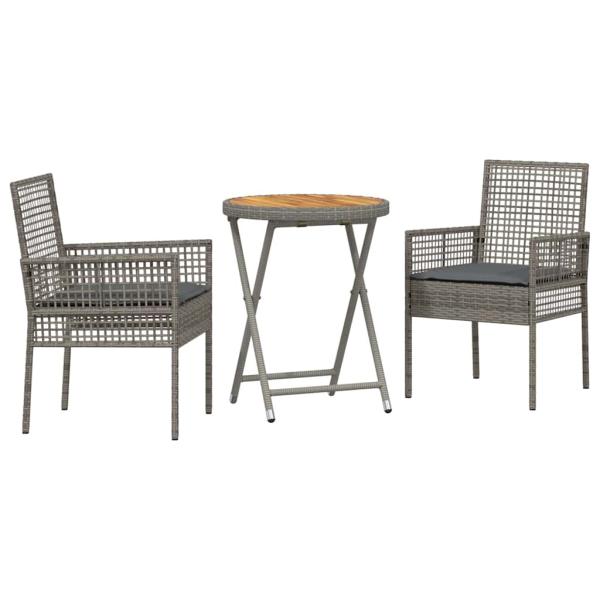 3-teiliges Garten Bistro Set mit Kissen Grau Poly Rattan
